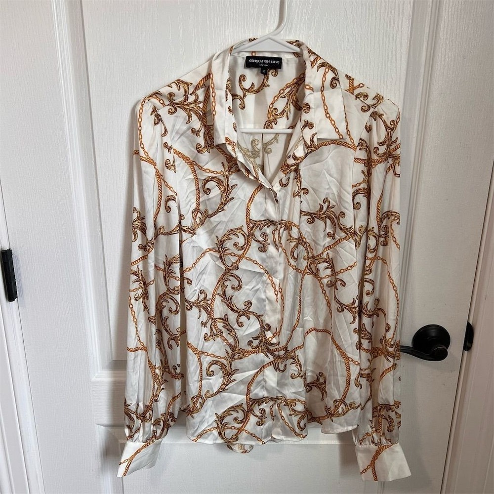 Generation Love New York Baroque Chain Print Satin Blouse White Gold Size XS